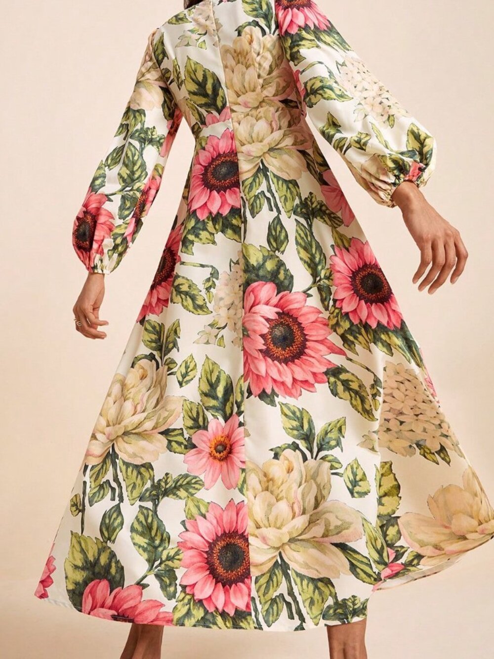 Multicolor Boho Women's V-Neck Long Sleeve Twist Knot Dress with Tropical Print - Picture 2 of 9